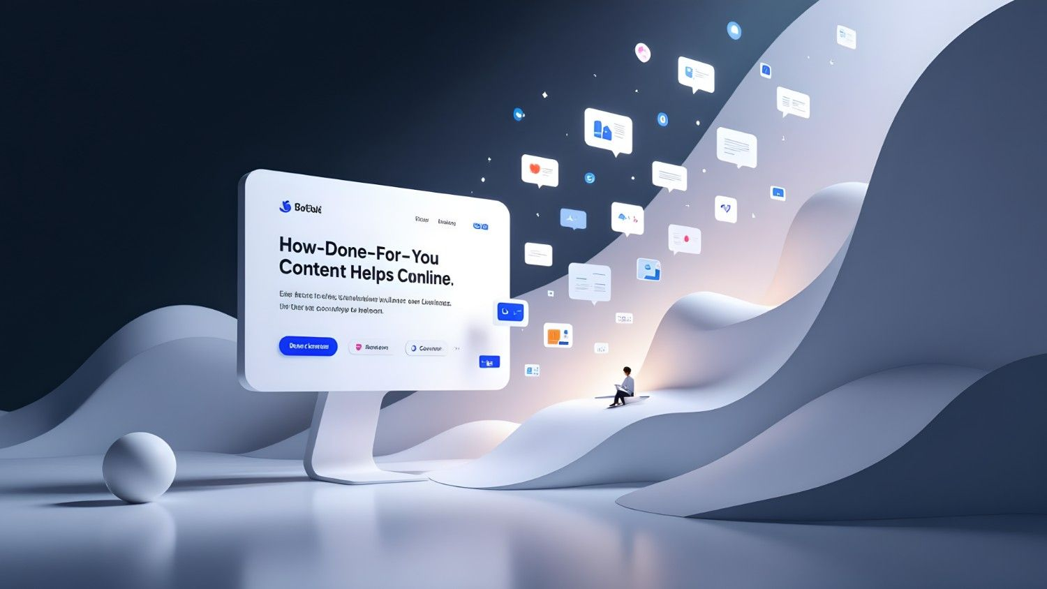 How Done-For-You Content Helps Businesses Get Found Online illustration wit a computer screen and flying cards indicating traffic sources